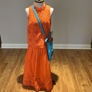 NEW! J. Crew 2 pc outfit sleeveless orange eyelet top and midi skirt 6